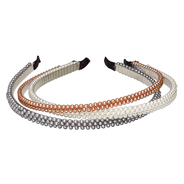 Headband, nylon / plastic pearl / polyethylene / imitation rhodium-plated steel, silver / white / copper, 7mm and 10mm wide, 15 inches. Sold per pkg of  3. image number 0