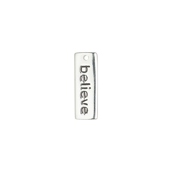 Drop, sterling silver and enamel, black, 17x6mm single-sided rectangle with "believe." Sold individually. image number 0