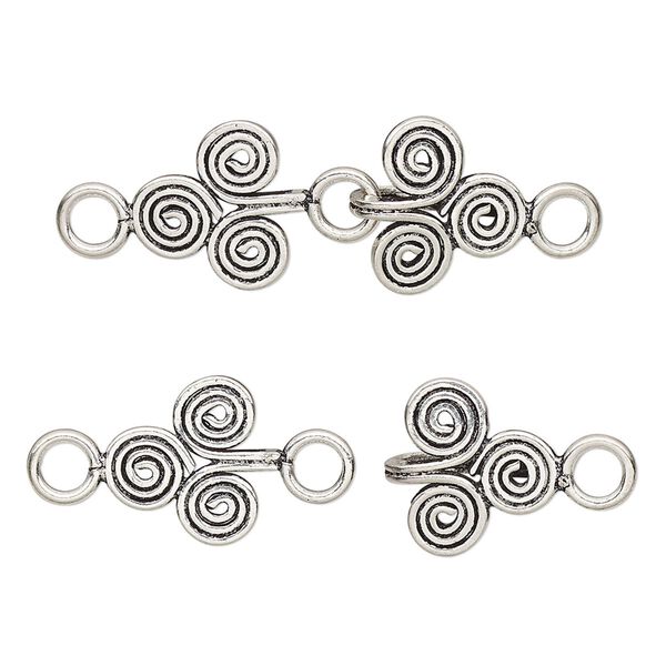 Clasp, hook-and-eye, antiqued sterling silver, 31x10mm-34x10mm with circle design. Sold per pkg of 3. image number 0