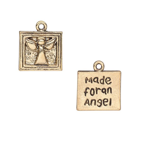Charm, antique gold-finished "pewter" (zinc-based alloy), 13x12mm two-sided square with angel design and "Made for an Angel." Sold per pkg of 10. image number 0