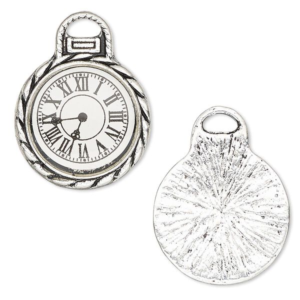 Charm, resin and antique silver-plated "pewter" (zinc-based alloy), white and black, 26x20mm single-sided pocket watch. Sold per pkg of 4. image number 0