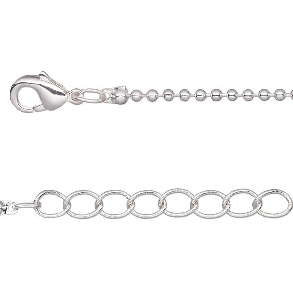 Chain, silver-plated brass, 1.5mm ball, 36 inches with 1-inch extender chain and lobster claw clasp. Sold per pkg of 2. image number 0
