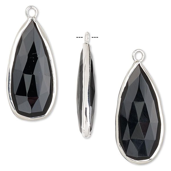 Drop, black onyx (dyed) and sterling silver, 27x12mm double-sided faceted teardrop. Sold per pkg of 2. image number 0