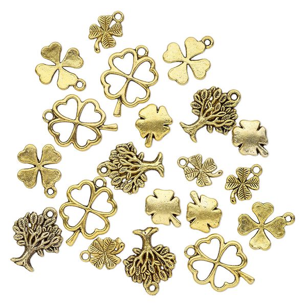 Bead and charm, antique gold-finished "pewter" (zinc-based alloy), 12x10mm-22x17mm single- and double-sided assorted clover and tree. Sold per pkg of 20. image number 0