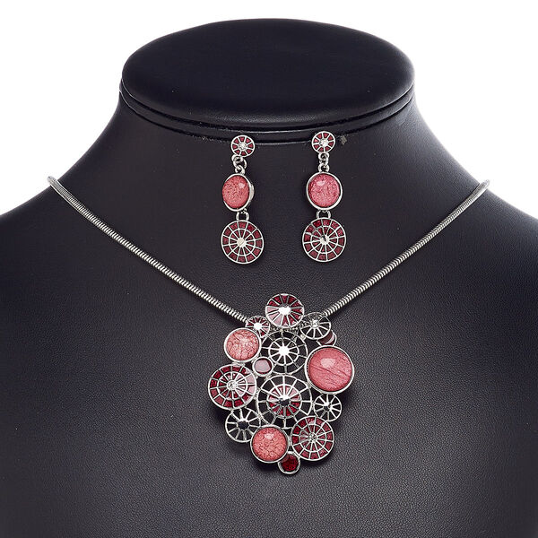 Necklace and earring set, enamel / resin / glass rhinestone / imitation rhodium-plated steel / brass / "pewter" (zinc-based alloy), rose / dark rose / clear, 57x44mm spider web, 18-inch necklace with 2-inch extender chain and lobster claw clasp, 40mm earrings with post. Sold per set. image number 0