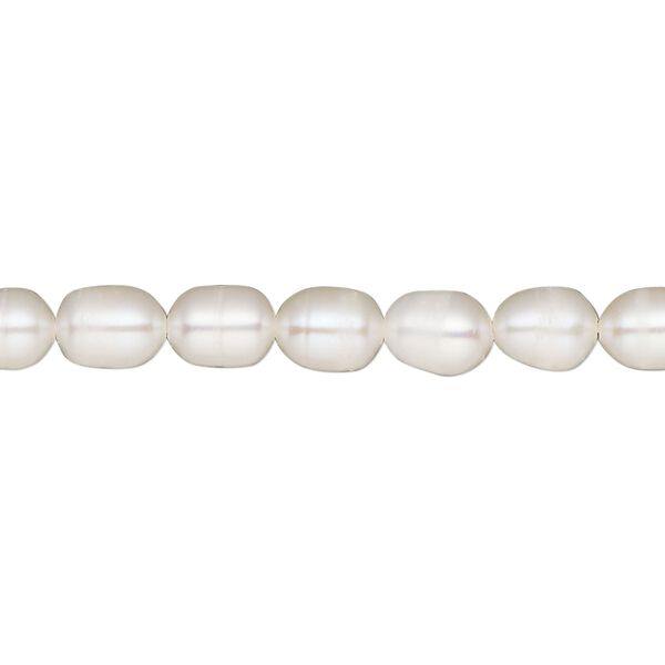 Pearl, cultured freshwater (bleached), white, 6mm rice, D grade, Mohs hardness 2-1/2 to 4. Sold per 14-inch strand. image number 0