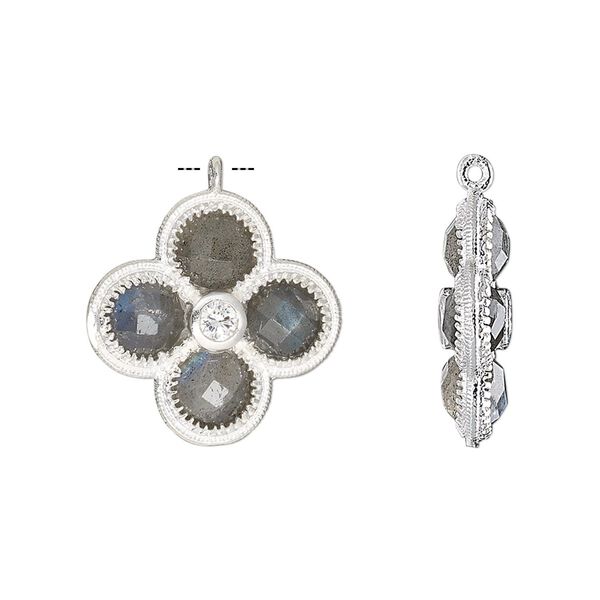 Drop, labradorite (natural) / cubic zirconia / sterling silver, clear, 19mm double-sided faceted flower. Sold individually. image number 0