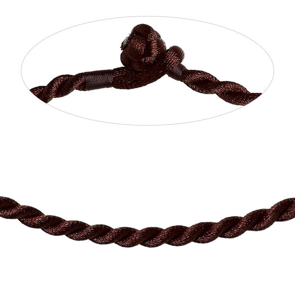 Necklace cord, satin-finished nylon, brown, 5mm twisted round, 16 inches with knot closure. Sold per pkg of 2. image number 0