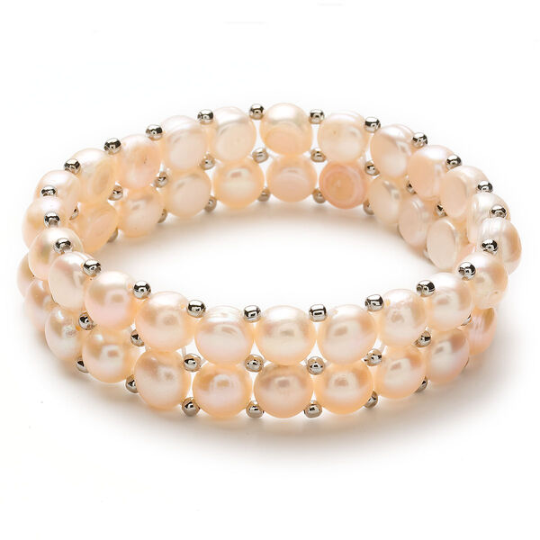 Bracelet, stretch, cultured freshwater pearl and nickel-plated iron, peach, 2mm round and 8mm button, 6 inches. Sold individually. image number 0