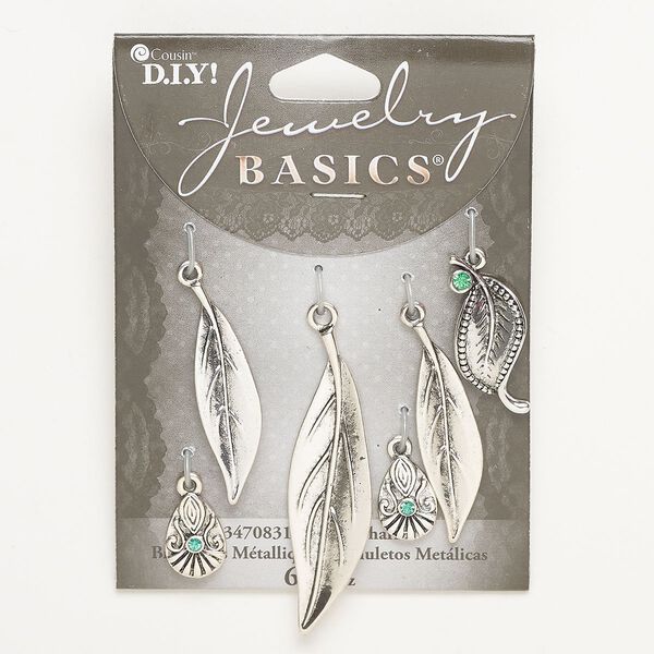 Charm and drop assortment, brass, pkg/6, antique silver finish and teal green, assorted shapes. image number 0