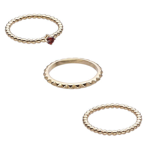Ring, garnet (natural) and gold-finished sterling silver, 2mm wide spiked band / 2mm / 4mm wide beaded band, size 8. Sold per 3-piece set. image number 0