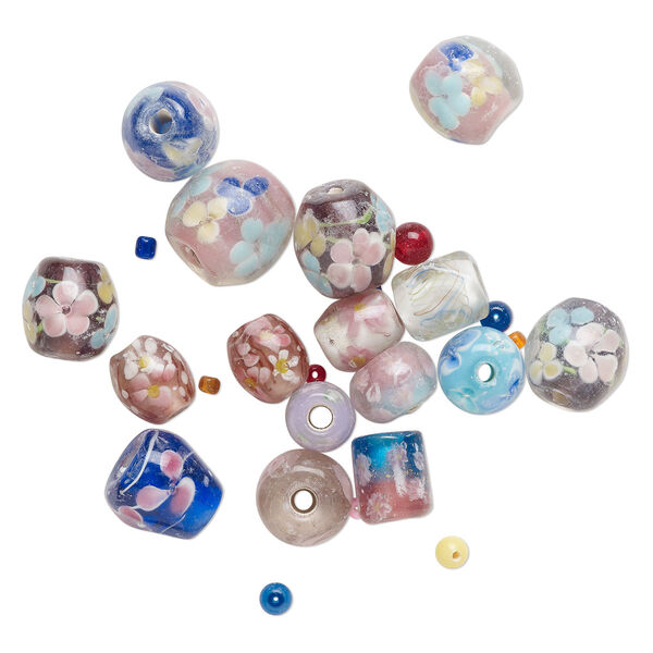 Bead mix, lampworked glass, opaque and translucent mixed colors, 12x9mm-20x18mm mixed shapes, 4-4.5mm hole. Sold per 4-ounce pkg, approximately 15 beads. image number 0