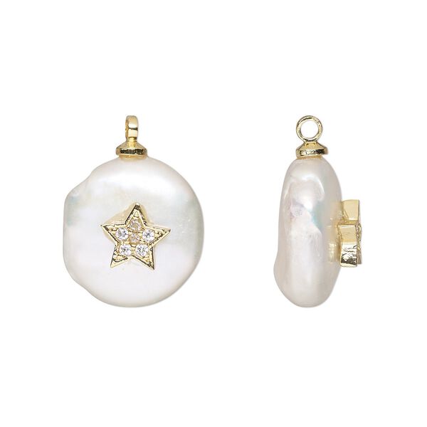 Drop, cubic zirconia / cultured freshwater pearl (bleached) / gold-finished brass, white and clear, 12-13mm single-sided round with star design. Sold individually. image number 0