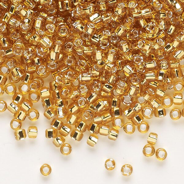 Seed bead, Dyna-Mites™, glass, silver-lined translucent gold, #8 round with square hole. Sold per 40-gram pkg. image number 0