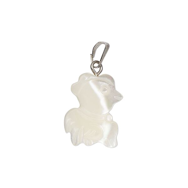 Pendant, mother-of-pearl shell (bleached) / antique silver-finished "pewter" (zinc-based alloy) / steel, 16x10mm-17x12mm single-sided carved chicken. Sold individually. image number 0
