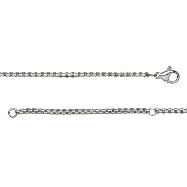 Chain, stainless steel, 2mm square rolo, wearable at 18 and 20 inches with lobster claw clasp. Sold individually. image number 0