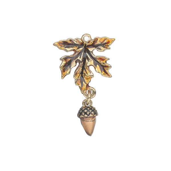 Charm, gold-finished "pewter" (zinc-based alloy) and enamel, brown and orange, 26x16mm single-sided leaf with dangling acorn. Sold individually. image number 0
