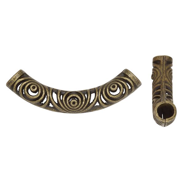 Bead, antique brass-finished "pewter" (zinc-based alloy), 52.5x17mm curved tube with cutout circle design. Sold per pkg of 2. image number 0