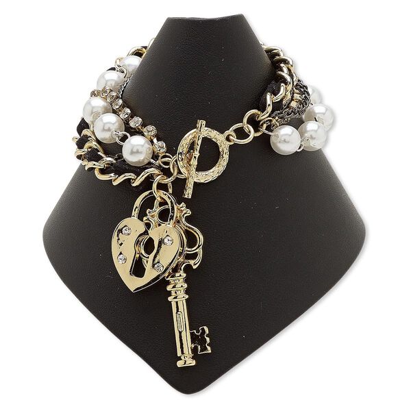 Bracelet, acrylic / glass rhinestone / velveteen / gunmetal- / gold-finished steel / "pewter" (zinc-based alloy), black / clear / white, 6 inches with toggle clasp. Sold individually. image number 0
