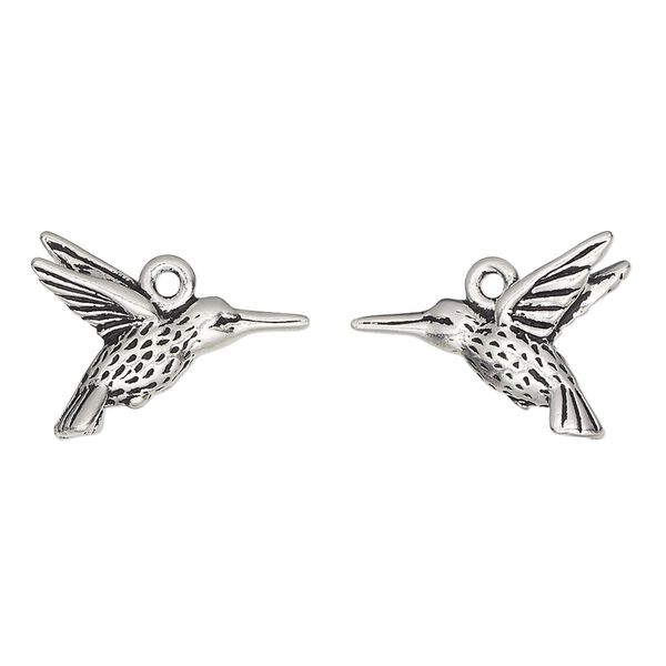 Charm, TierraCast®, antique silver-plated pewter (tin-based alloy), 18x15mm 3D hummingbird. Sold per pkg of 2. image number 0