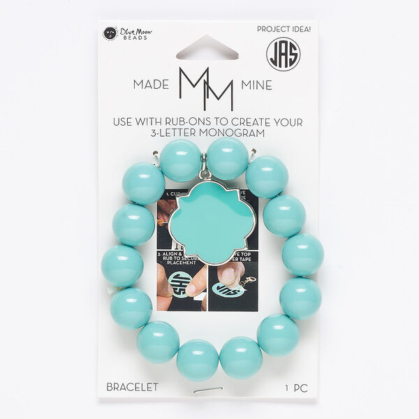 Bracelet, stretch, acrylic / enamel / silver-finished "pewter" (zinc-based alloy) / steel, turquoise blue, 14mm round and 28mm dangle with rub-on setting, 5-3/4 to 6-3/4 inches. Sold individually. image number 0