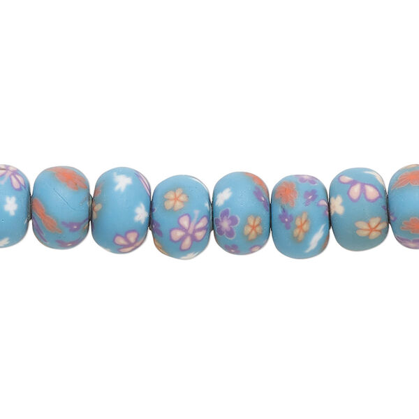 Bead, polymer clay, opaque light blue and multicolored, 8x6mm rondelle with flower design. Sold per 15-1/2 to 16-inch strand. image number 0