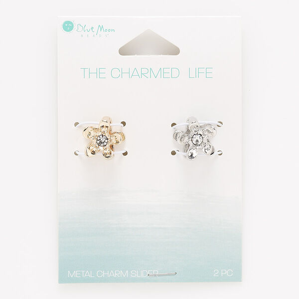 Slide mix, rose gold- / silver-finished "pewter" (zinc-based alloy) / glass, clear, 13mm flower with 14.5x3mm hole. Sold per pkg of 2. image number 0