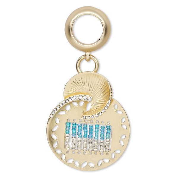 Pendant, scarf, glass rhinestone / glass / gold-coated plastic / gold-finished "pewter" (zinc-based alloy), blue AB and clear, 3-1/4 inches with 53x43mm round and tube bail. Sold individually. image number 0