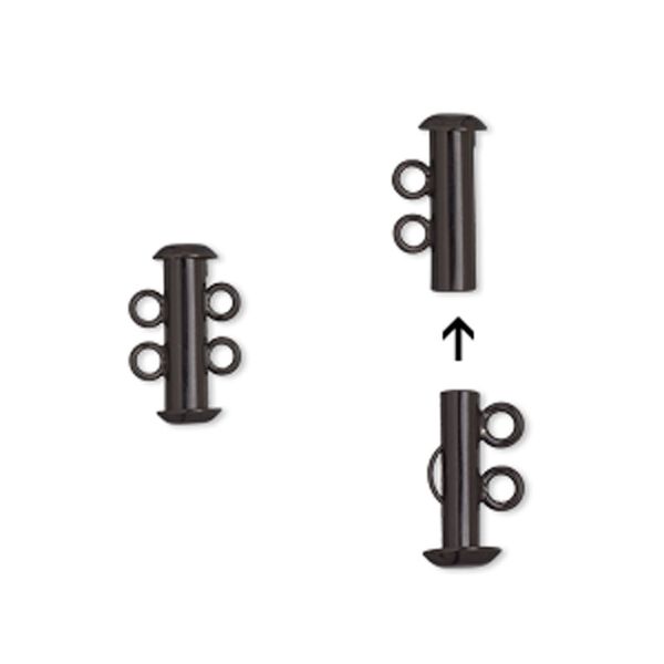 Clasp, 2-strand slide lock, electro-coated brass, black, 16.5x6mm tube. Sold per pkg of 2. image number 0