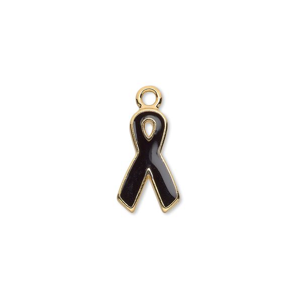 Charm, epoxy and gold-plated aluminum, black, 15x9mm single-sided awareness ribbon. Sold per pkg of 6. image number 0