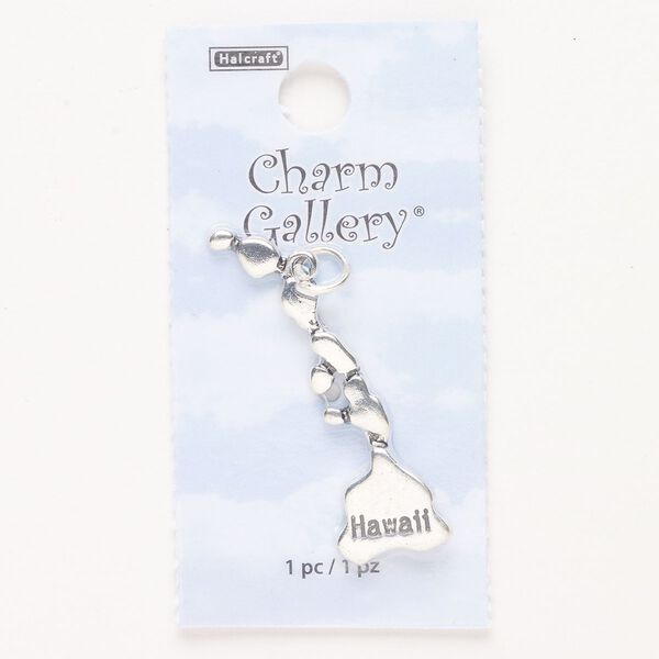 Charm, steel and enamel, pkg/1, silver finish and black, 39x25mm with "Hawaii." image number 0