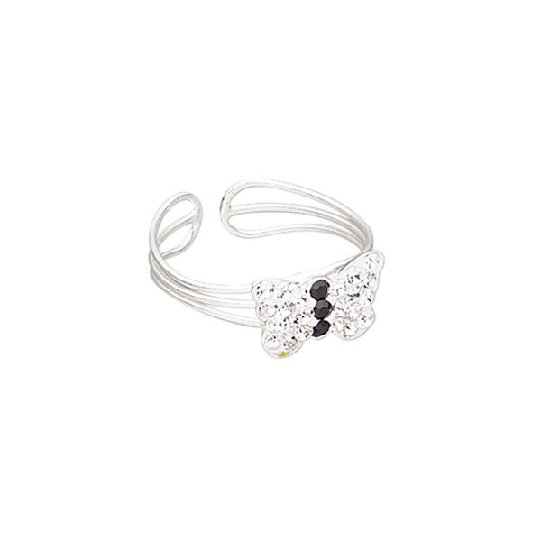 Toe ring, resin / glass rhinestone / silver-plated brass, clear / black / white, 7mm wide with 12x7mm butterfly, adjustable. Sold individually. image number 0