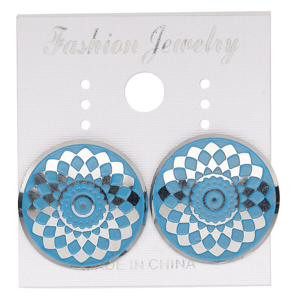 Earstud, stainless steel, blue patina, 20mm round with diamond pattern. Sold per pair. image number 0