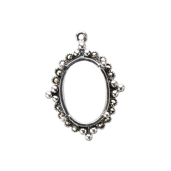 Drop, marcasite (natural) and sterling silver, 25x20mm oval with 18x13mm 4-prong oval setting. Sold individually. image number 0