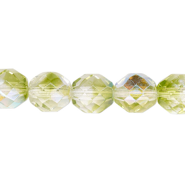 Bead, Czech fire-polished glass, two-tone, crystal/peridot green AB, 10mm faceted round. Sold per 15-1/2" to 16" strand. image number 0