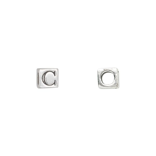 Bead, sterling silver, 5.5mm cube with alphabet letter "C." Sold individually. image number 0