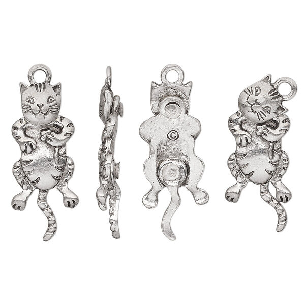 Charm, pewter (tin-based alloy), pkg/1, antiqued, 29.5x13mm single-sided cat with moving head and tail. image number 0