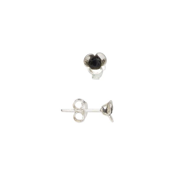 Earring 1pkg2 sterling silver, 5mm flower earstud / earnuts, glass jet 1 pair image number 0