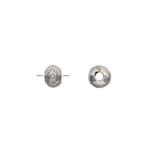 Bead, Hill Tribes, antiqued sterling silver, 7x5mm rondelle with stamped sun design. Sold per pkg of 4. image number 0