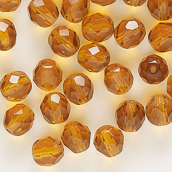 Bead, Czech fire-polished glass, translucent amber, 8mm faceted round. Sold per pkg of 50. image number 0