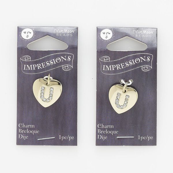 Charm, gold-finished "pewter" (zinc-based alloy) / steel / acrylic rhinestone, clear, 15.5x15mm single-sided puffed heart with letter "U." Sold per pkg of 2. image number 0