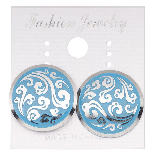 Earstud, stainless steel, blue patina, 20mm round with fancy swirl design. Sold per pair. image number 0