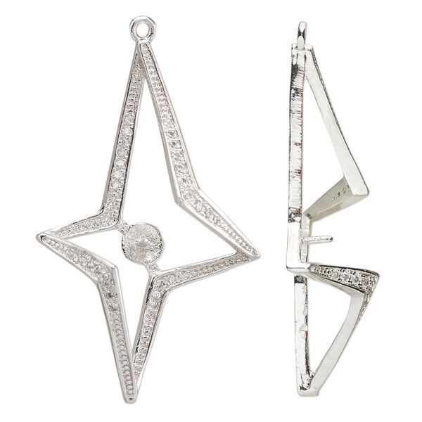 Focal, cubic zirconia and silver-plated brass, clear, 41.5x25mm single-sided star with 5mm cup and 3.5mm peg, fits 6-10mm half-drilled bead. Sold individually. image number 0