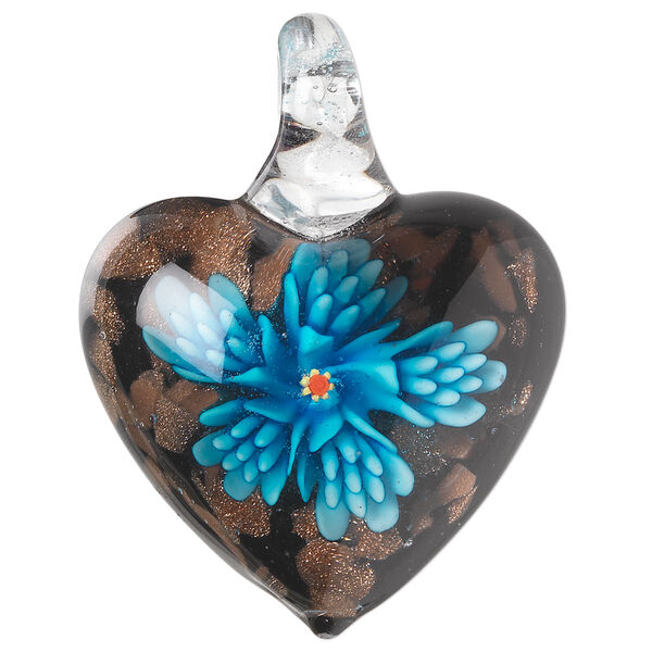 Pendant, lampworked glass, multicolored with copper-colored foil, 40x33mm single-sided puffed heart with flower. Sold individually. image number 0