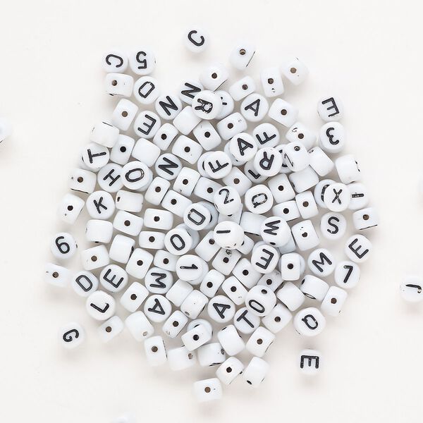 Bead mix, plastic, opaque white and black, 6mm oval with alphabet letters. Sold per pkg of 140. image number 0