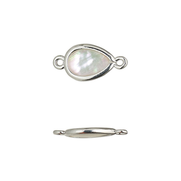 Link, mother-of-pearl shell and imitation rhodium-finished brass (assembled), 13x8mm-14x9mm double-sided teardrop. Sold per pkg of 4. image number 0