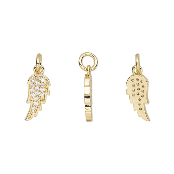 Charm, cubic zirconia and gold-finished brass, clear, 13x6mm single-sided wing with 5mm jump ring. Sold per pkg of 2. image number 0