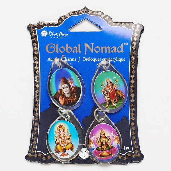 Focal, acrylic and steel, multicolored, 32x22mm flat teardrop with Hindu god designs. Sold per pkg of 4. image number 0