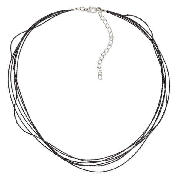Necklace cord, 5-6 strand, polyester with silver-plated steel and "pewter" (zinc-based alloy), black, 0.8mm wide, 16 inches with 2-1/2 inch extender chain and lobster claw clasp. Sold per pkg of 10. image number 0