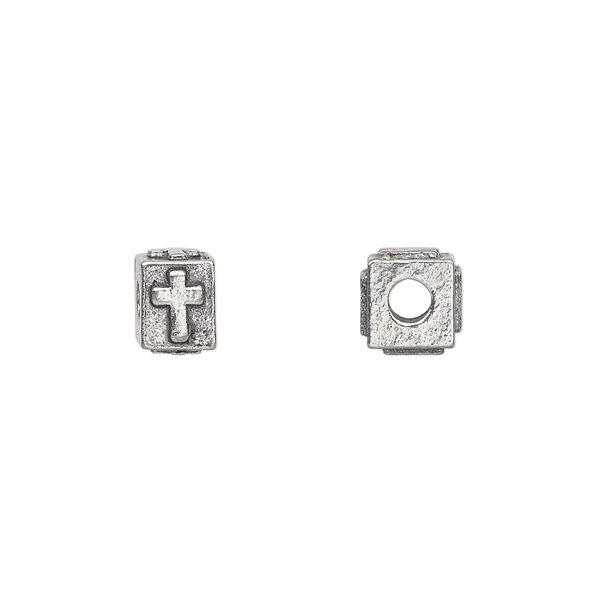 Bead, alphabet bead, pewter (tin-based alloy), pkg/1, antiqued, 8x6mm rectangle with cross. image number 0